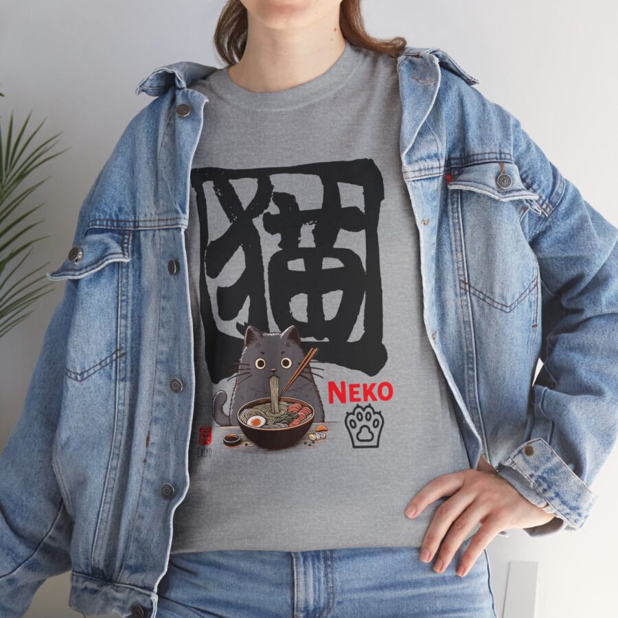 Kawaii Cat(Neko) Loves Ramen!  - Unisex Heavy Cotton T-Shirt - Image 2